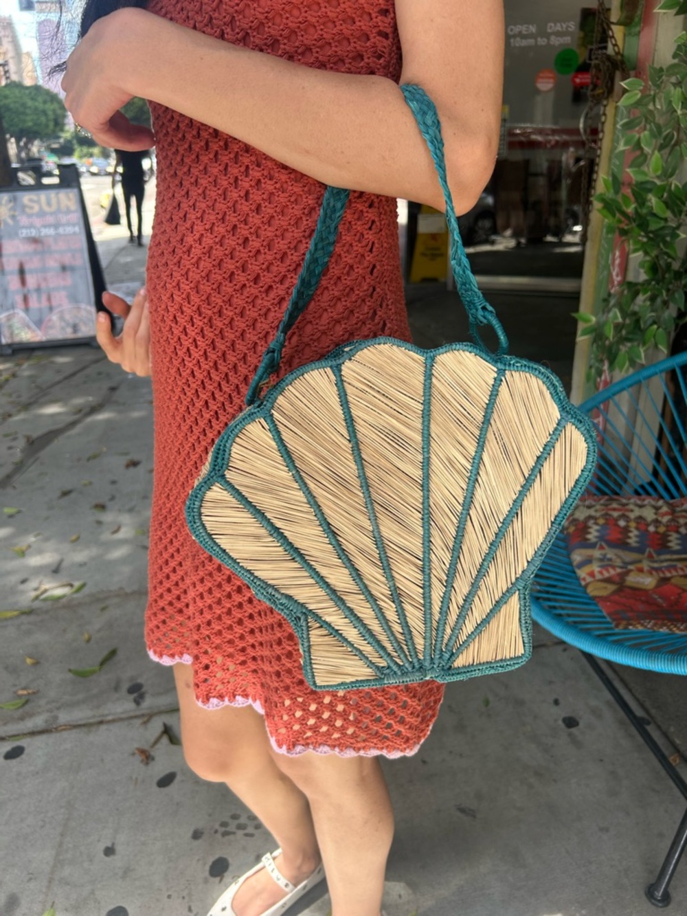 Handwoven Shell Mini Bag in Teal Trim - Beachy Straw Crossbody.